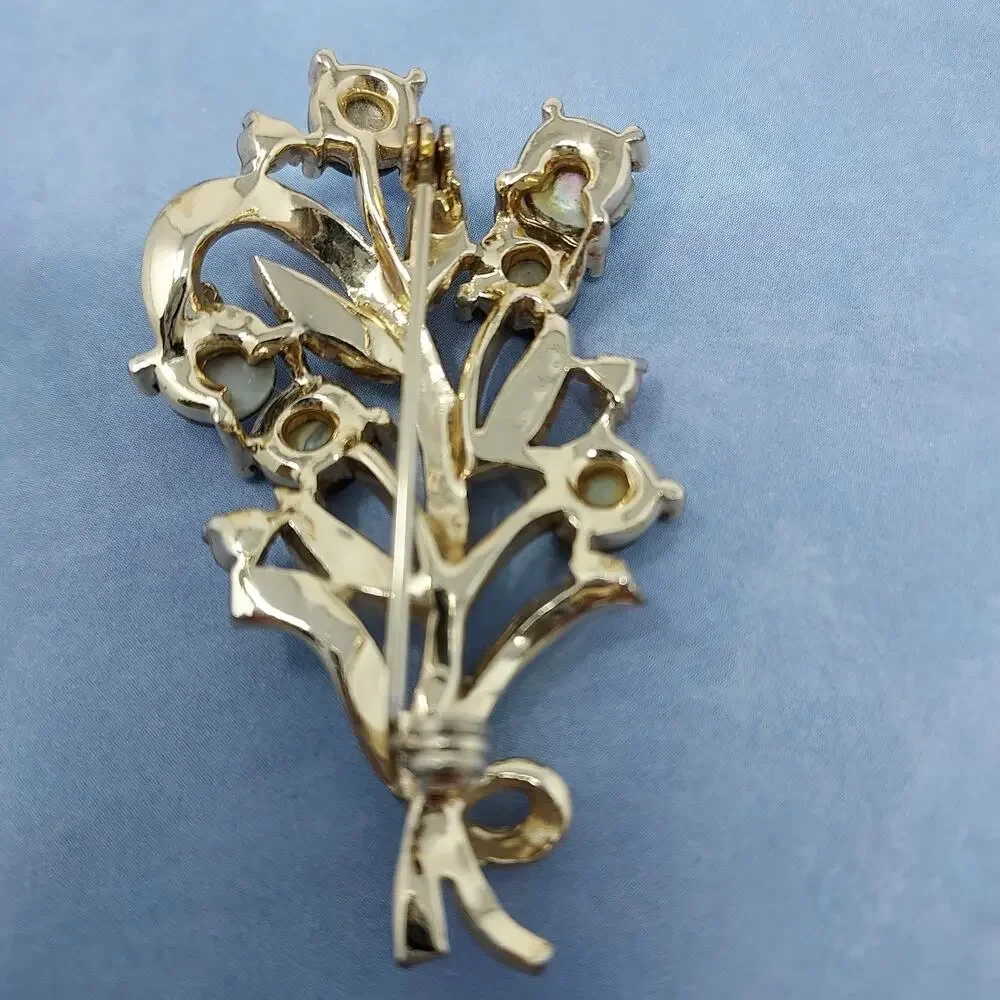 Vintage Moonglow and Pink Rhinetone Brooch Gold Tone Floral Bouquet 2.5